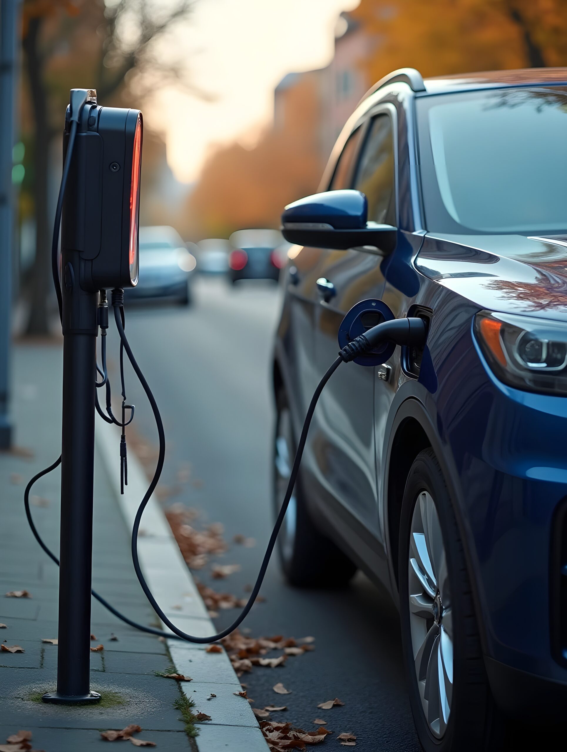 an electric car is plugged into an electric charger in the street